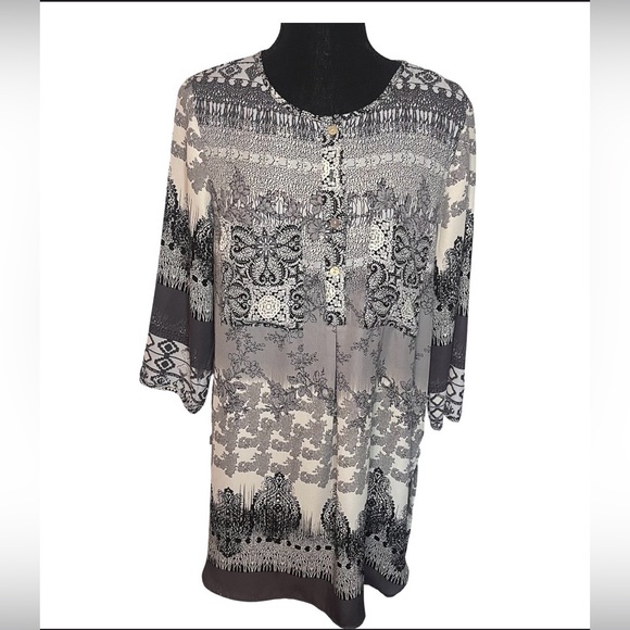 fig and flower Tops - Anthropologie Fig and Flower Tunic Dress Sz M Floral Paisley Gray 1/4 Button